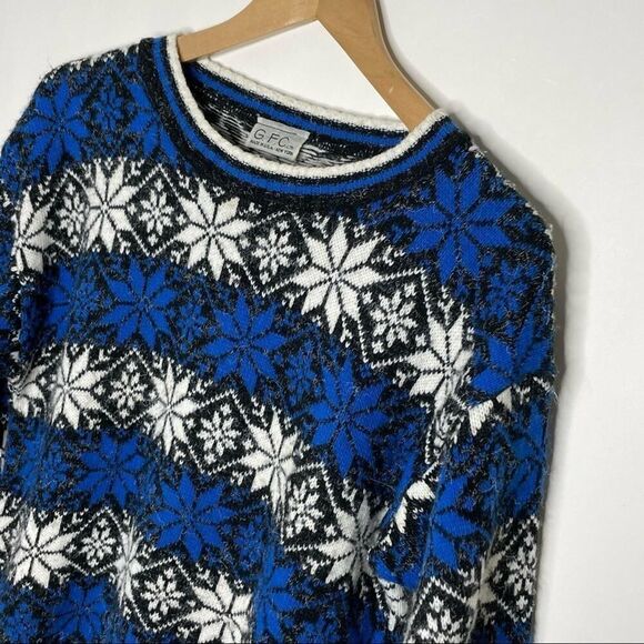 Vintage 80s GFC Snowflake Fair Isle Sweater Blue Black White Medium Winter Retro - Picture 2 of 7